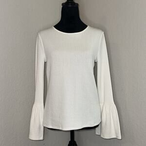 Anthropologie Porridge White Top Shirt Bell Sleeve Joan Ribbed Sz XS Boho Casual